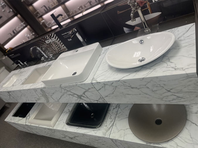 McDonald Supply Kitchen & Bath Showroom display of kitchen sinks